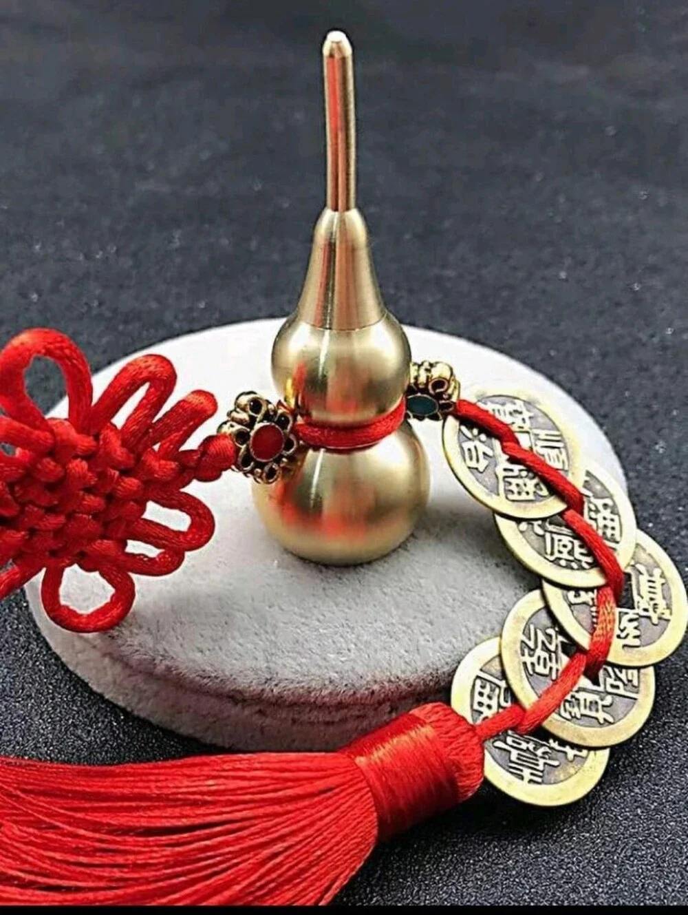 4 Chinese Feng Shui 5 Coin Hanging Charm Pendant w/Gourd & Red Tassel